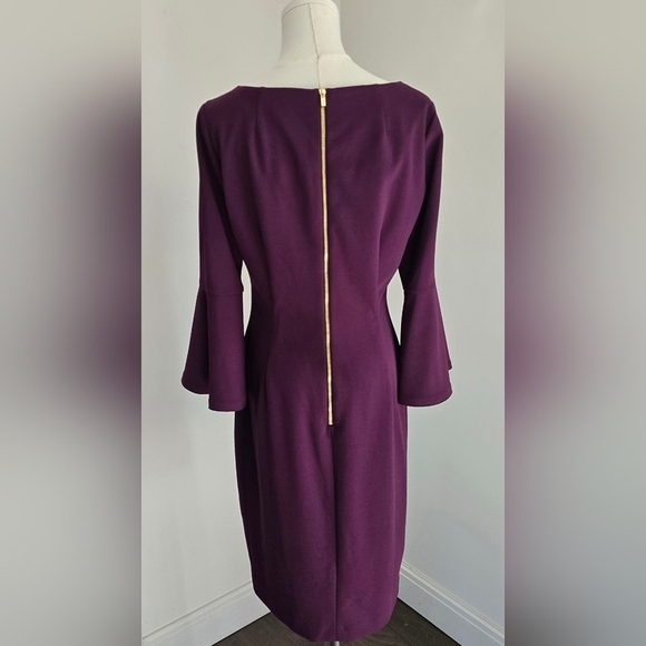Calvin Klein Purple Sheath Dress Three-Quarter Ruffle Sleeve Boat Neck Sz. 10 - Picture 5 of 12